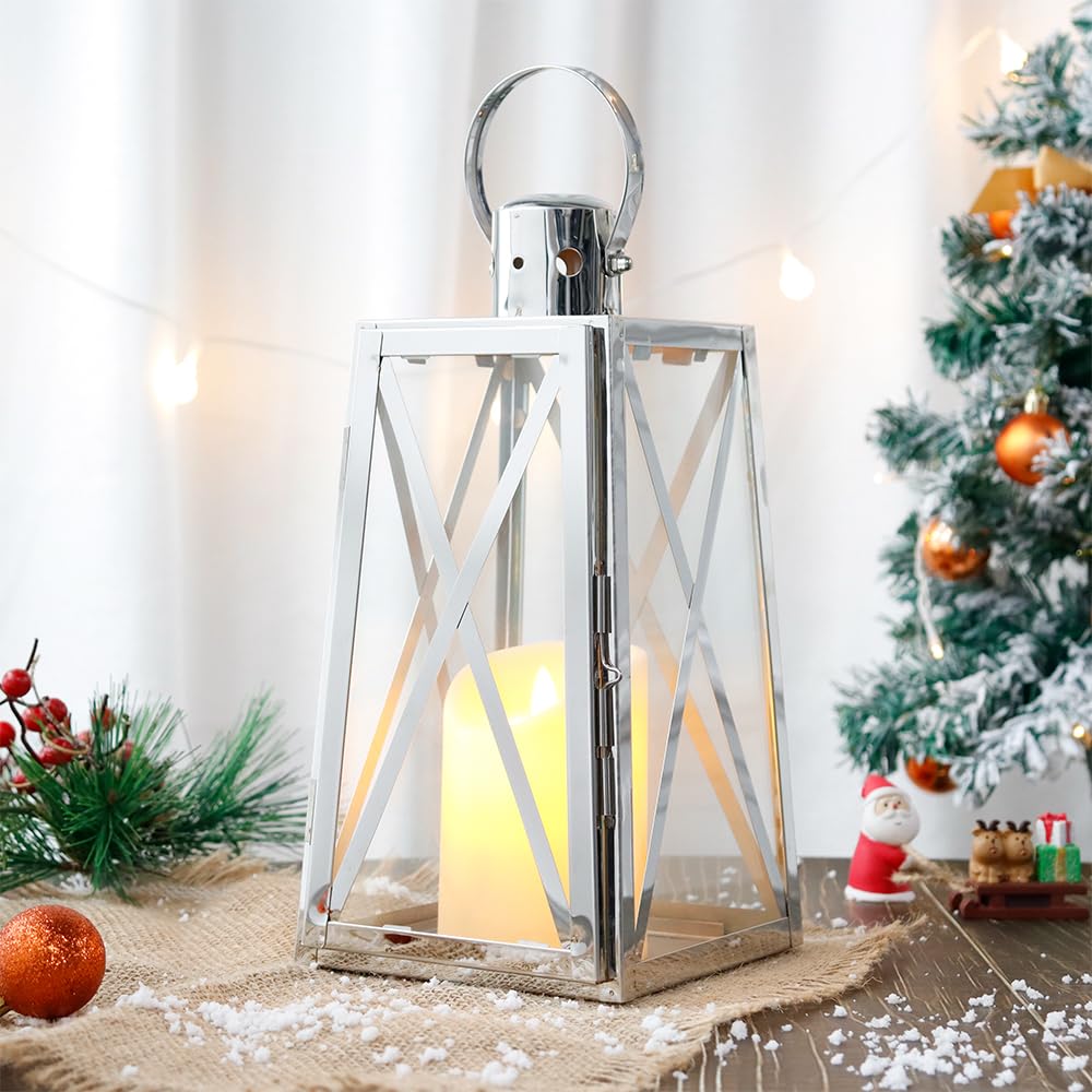 30 cm High Stainless Steel Decorative Lantern Metal Candle Holder with Clear Glass Panels Perfect for Home Decor Living Room Parties Events Tabletop Indoors Outdoors(Silver)