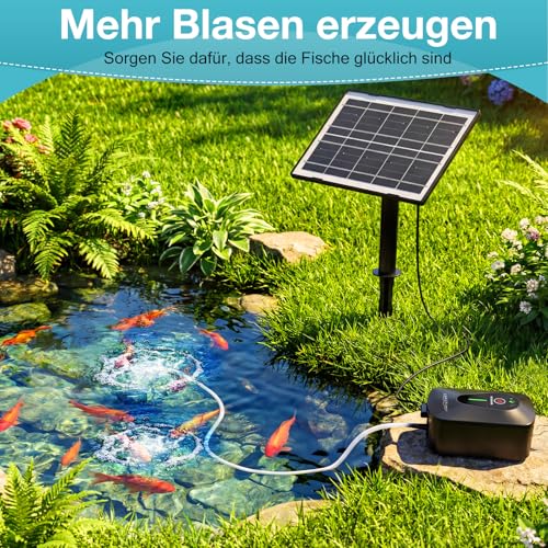 AMZtime Solar Sauerstoffpumpe für Gartenteich, 4.5 W Solar Teichbelüfter, Sauerstoffpumpe Oxygenator mit 2200 mAh Akku, Sauerstoff Luftpumpe 3 Modi 2 Luftsteine für Teich, Gartenteiche, Aquarium