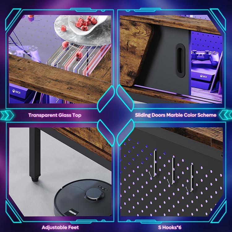 Miniatura 4 de Bestier Mesa de centro LED con almacenamiento de vidrio para sala de estar con puertas correderas, mesa central de sala de estar marrón rústico de