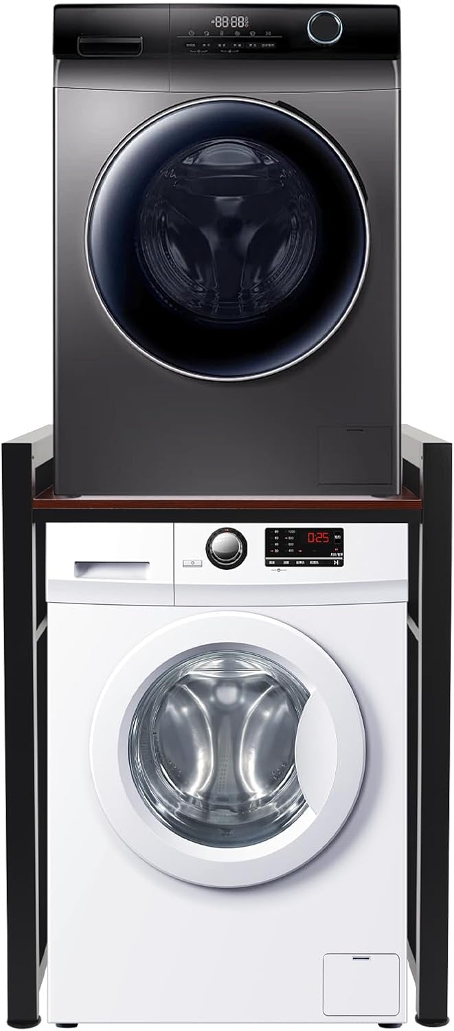 Washer and Dryer Stand, Laundry Room Organization and Storage with Guardrail, Floor Mount Space Saver Stackable Storage Shelf for Laundry Room Apartments (Black+Teak Color)