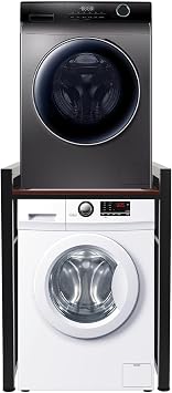 Washer and Dryer Stand, Laundry Room Organization and Storage with Guardrail, Floor Mount Space Saver Stackable Storage Shelf for Laundry Room Apartments Black+Teak Color