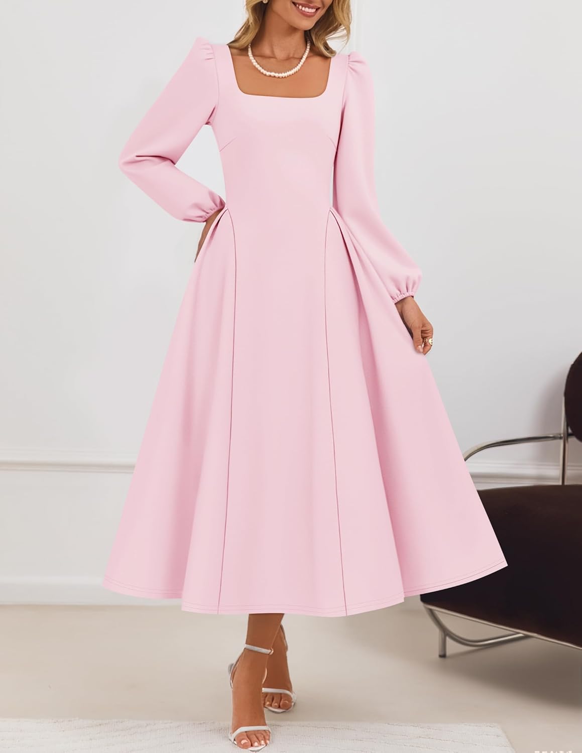 ZESICA Women's Long Sleeve Midi Dresses 2026 Fall Square Neck Swing A Line Wedding Guest Evening Prom Dress - Image 4