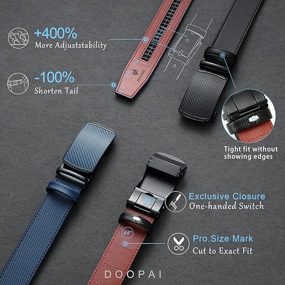 Image of DOOPAI Men's Leather Ratchet Belt, 1 3 /8 inch Wide, Cut-to-Fit | 1 /5 inch micro-adjust fit, trim-to-fit leather strap and smooth auto-lock buckle for dress, business, jeans and gift-ready wear