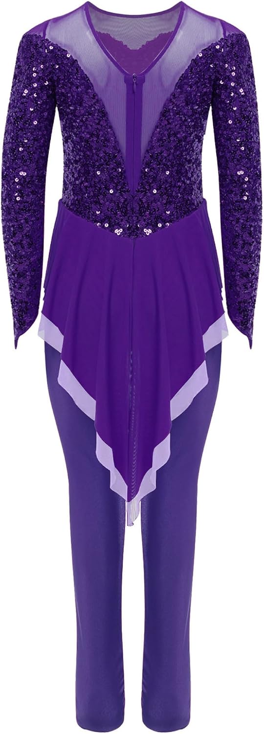 Jan Jean Kids Girls Long Sleeve Gymnastics Skirted Unitard Glitter Sequins Zip Back Ballroom Ballet Dance Jumpsuit Dancewear