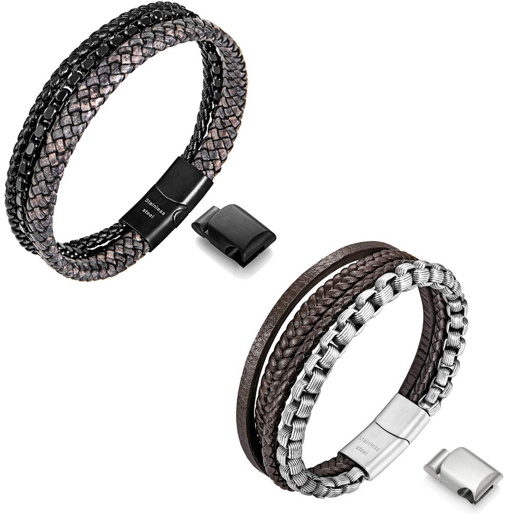 Speroto Bracelets for men,grey steel bracelets and brown leather steel bracelets in 8.7inch