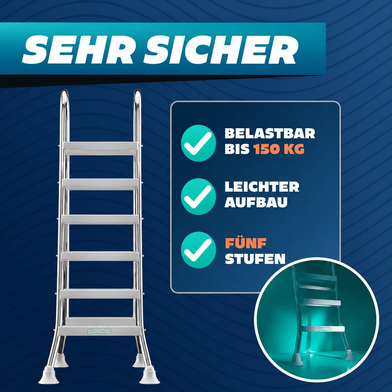 poolomio® Poolleiter Edelstahl V2A mit Handlauf bis 150 cm | Einstiegsleiter mit 5 Stufen für Pools bis 1,50m Höhe | sicherer Einstieg, langlebig, stabil | Sicherheitsleiter Traglast 150 kg