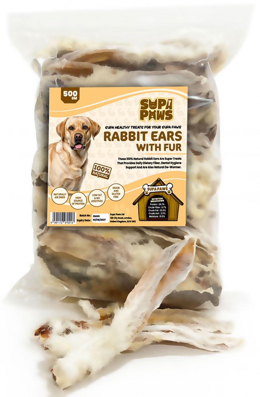 Supa Paws 500g Rabbit Ears with Fur for Dogs (28-35 Hairy Ears) 100% Natural Raw Dog Treat Hypoallergenic Pet Treats for Puppy Senior Chews for Dogs Healthy Digestive Grain Gluten Free Dog Snacks Food