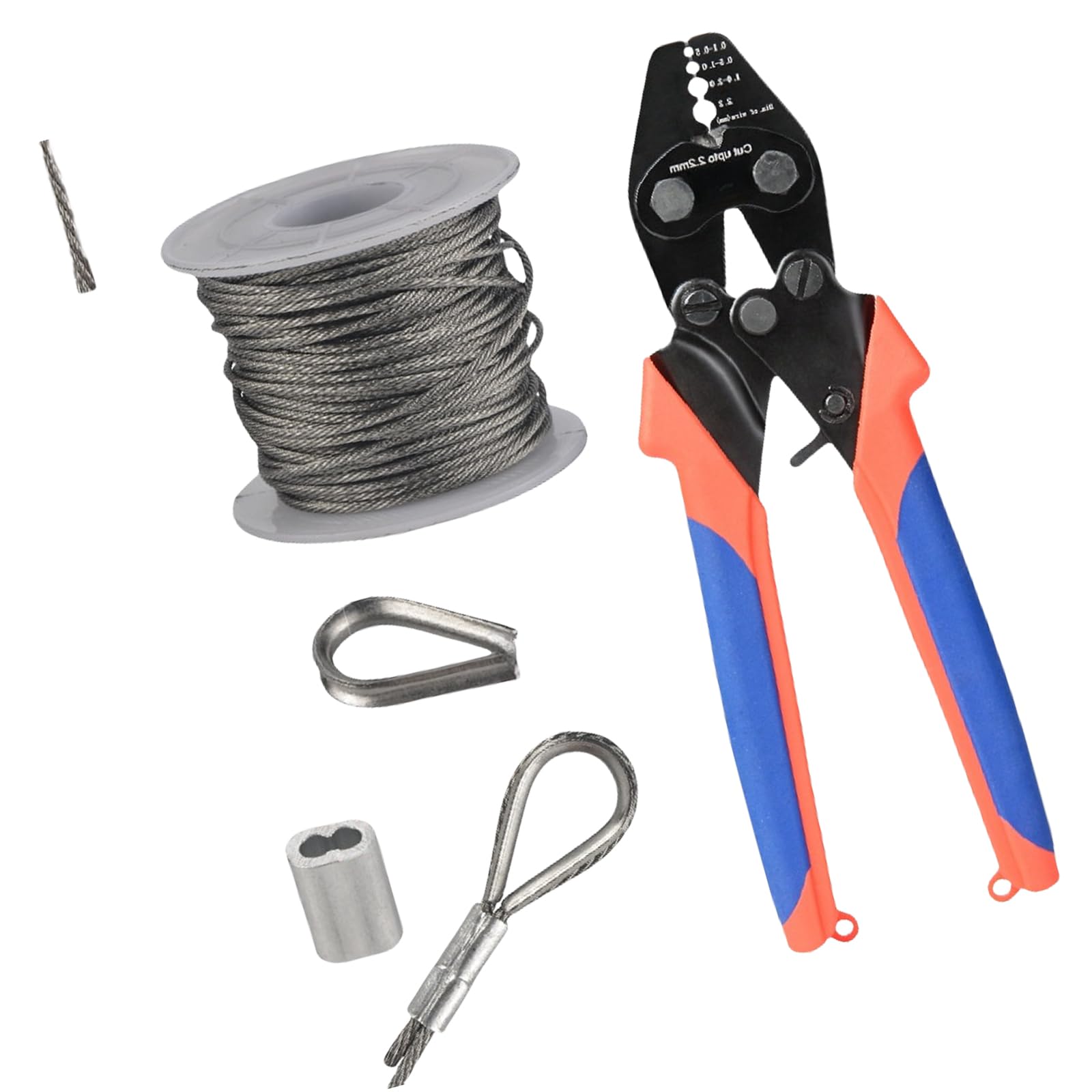 Pinza crimpatrice per funi metalliche, crimpatrice con anelli di crimpatura in alluminio, manicotti e ditali, set di cavi fino a 2,2 mm