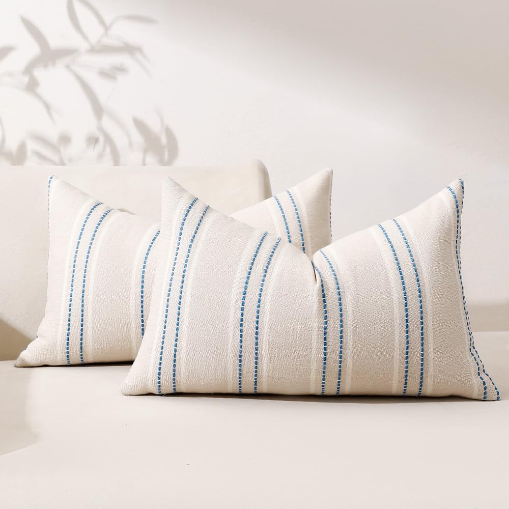 Hckot Striped Throw Pillow Covers 12x20 Set of 2 Lake Blue Pillow Covers