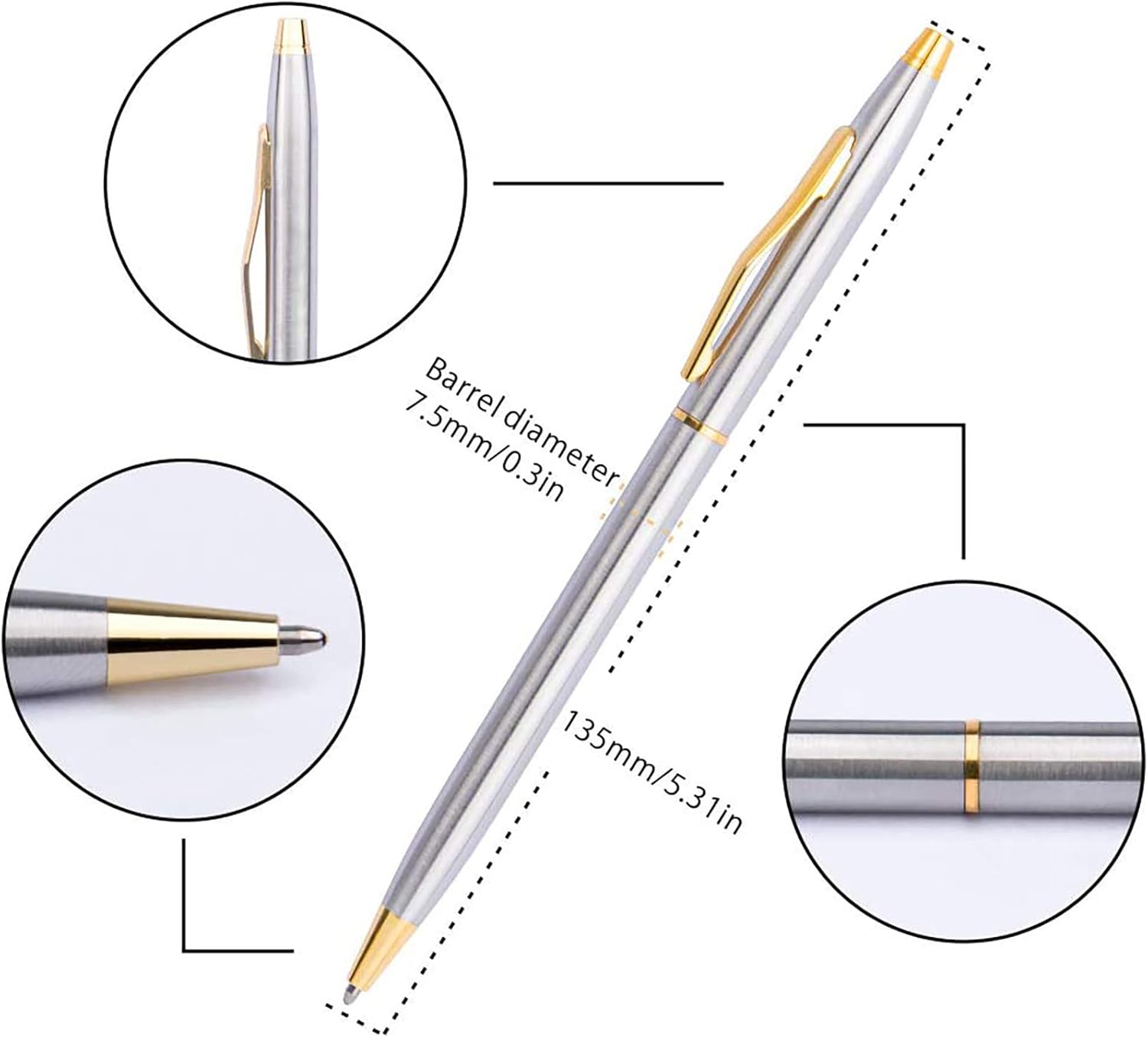 Cambond Ballpoint Pens, Slim Retractable Ballpoint Pen Black Ink Metal Pen Gift Mini Conical Ballpoint Pens Bulk (1.0mm) Medium Point 10-Pack (Silver)