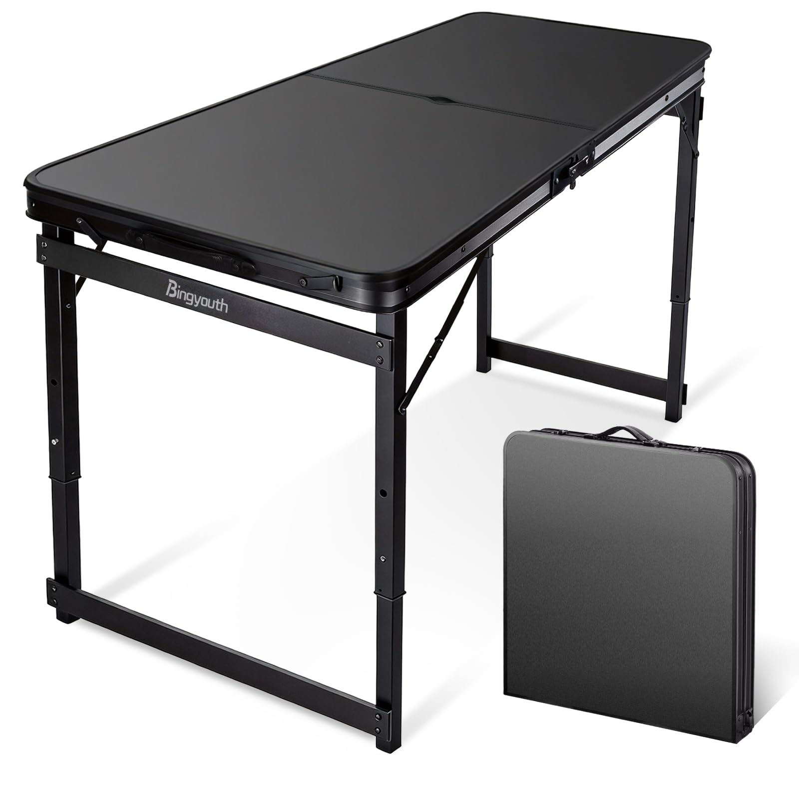 Mesa Plegable Camping 120x60 con agujero para sombrilla de 3 cm de diámetro, altura ajustable 53/62/70 cm, con asa; aluminio tubo cuadrado doble barra y MDF fácil de limpiar, ligera y fácil de transpo