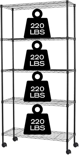 Estantería de 5 niveles con ruedas, estante de metal resistente NSF de altura ajustable para lavandería, baño, cocina, garaje, despensa,