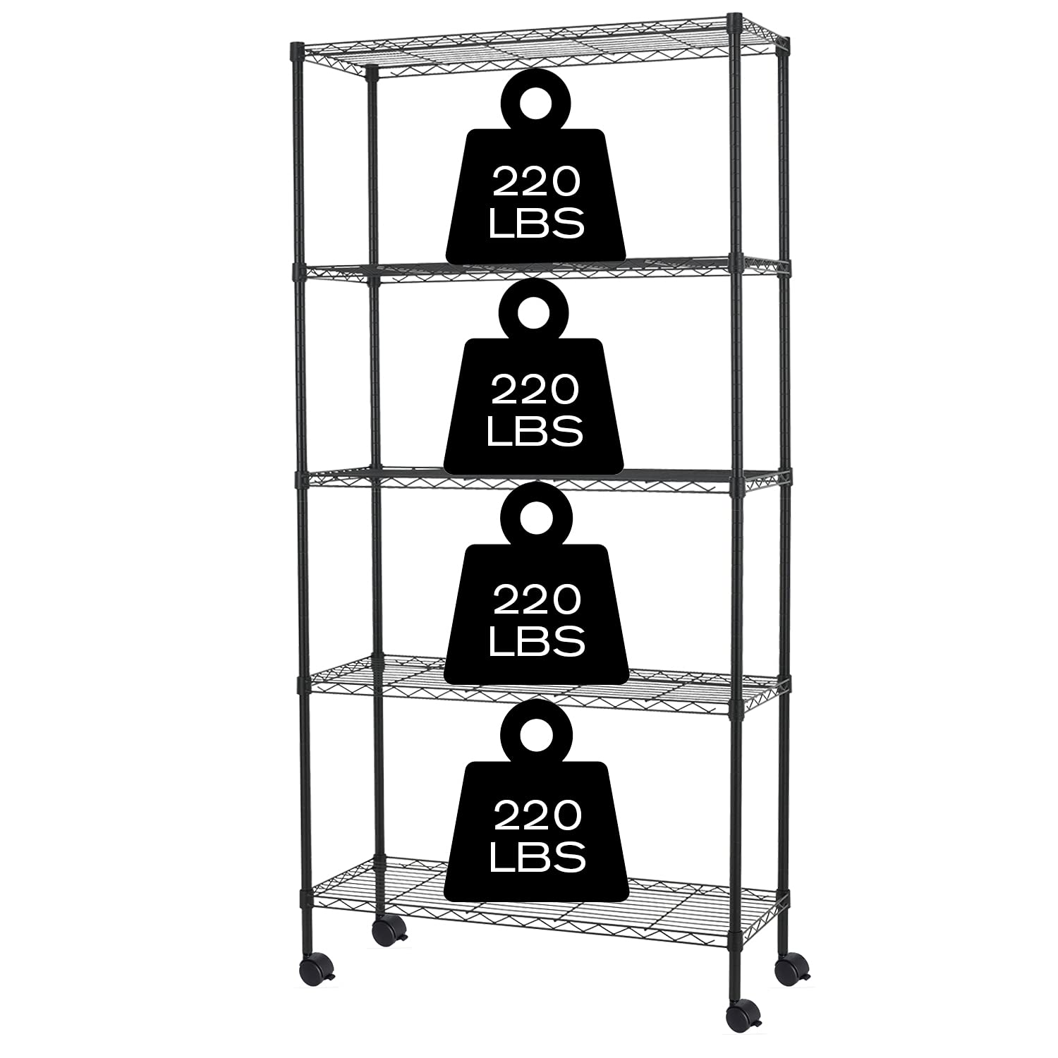 HCY 5-Tier Shelving Unit Storage Shelves with Wheels Heavy Duty Metal Rack NSF Height Adjustable for Laundry Bathroom Kitchen Garage Pantry