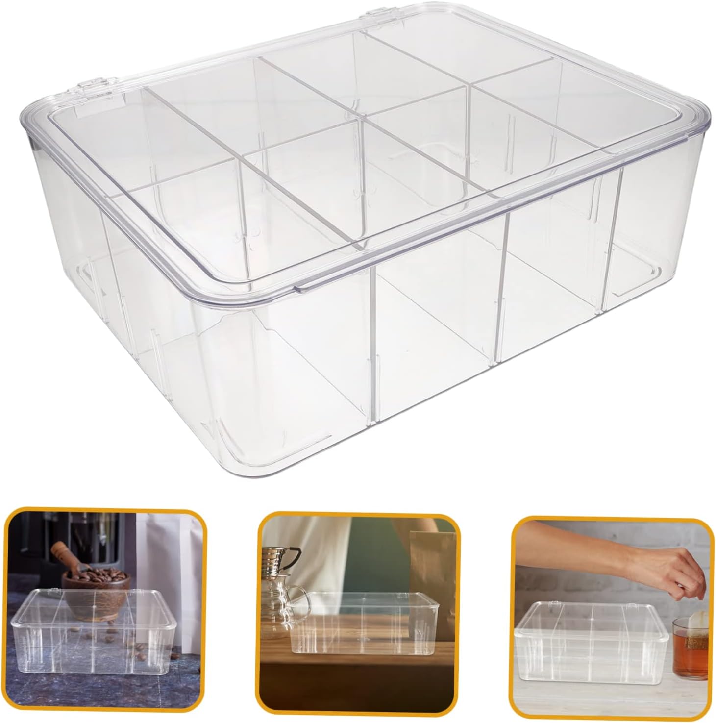 Divided Clear Tea Bag Organizer Box with Lid Versatile Storage for Tea Bags Coffee Bags and Snacks Smooth Edges for Safe Use Home Kitchen Office and More