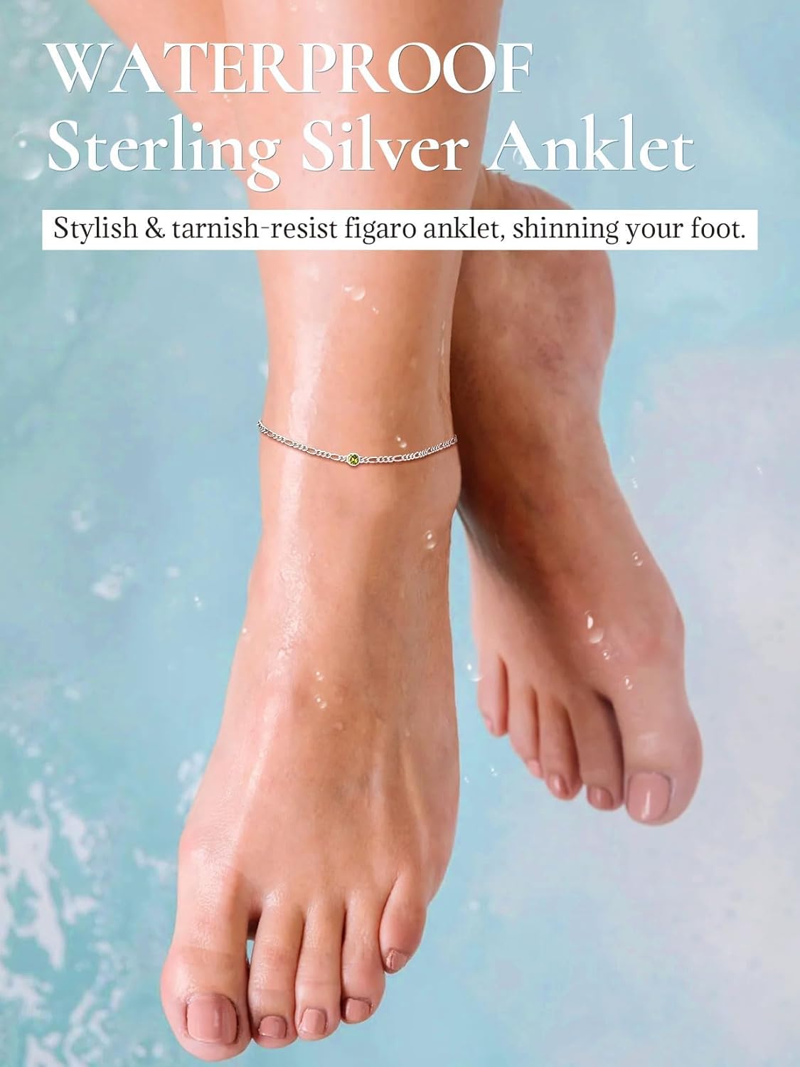 U7 SILVERCUTE Sterling Silver Anklets for Women, Large Heart/Round Birthstone Ankle Bracelet with Figaro Chain, Waterproof Summer Beach Foot Jewelry Length 8.5"-10.5" - Image 8