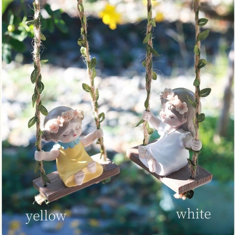 Image of The Decorshed Cute Girl Swing Idol Figurine - Yellow | Decorative Resin Cute Idol of Girl On Jute Rope Swing | Home Decor Item | Ideal for Gardens, Balconies, Windows & Kids Room
