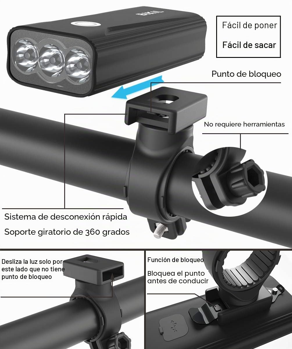 BIKIL luz Bicicleta 6400mAh luz Delantera Bicicleta Recargable USB C Luces Bicicleta Delantera y Trasera LED Impermeable Linterna Potente 2400 Lúmenes para Ciclismo Carretera y Montaña para la Noche