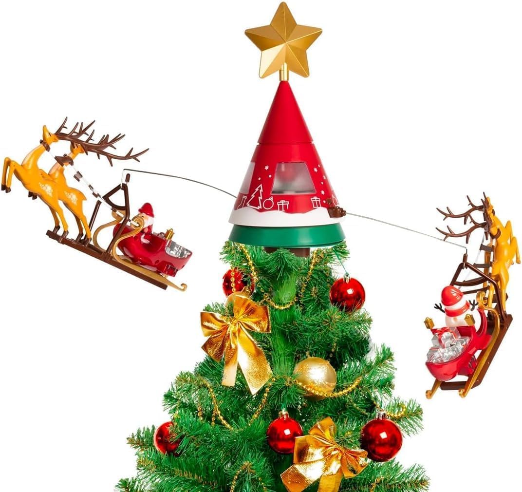 Puntale Rotante per Albero di Natale con Stella e Slitta di Babbo Natale con MOVIMENTO 65 cm Giostrina Natalizia Puntale con LUCI LED Fuori Porta Coccarda Ghirlanda addobbo Dorato Metallizzato 16 cm
