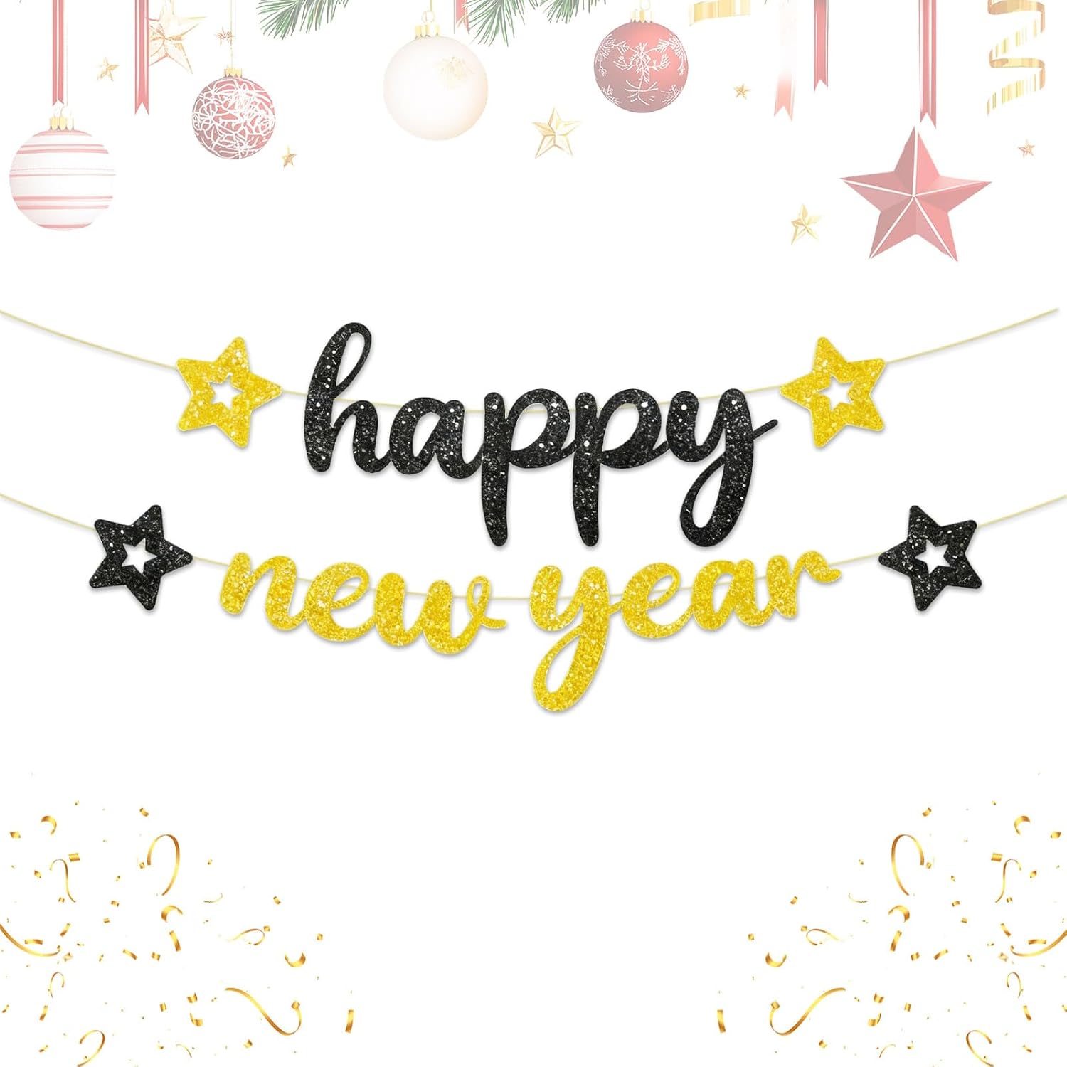 2026 Happy New Year Banner with Glittering Stars - Black and Gold New ...