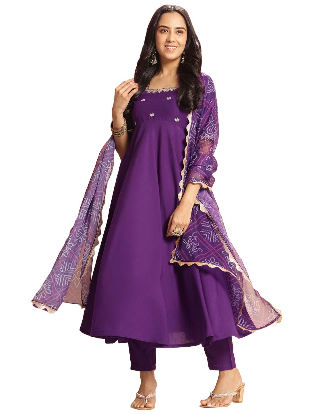 GoSriKi Women’s Rayon Blend Anarkali Embroidered Kurta with Pant & Dupatta