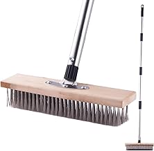 Wire Broom Scrubbing Brush with Long Handle, Stiff Metal Bristle Deck Scrub Brush, Outdoor Floor Scrubber, Patio Cleaner Brushes for Cleaning Moss, Tough Stain on Garden, Grout, Garage (Black)