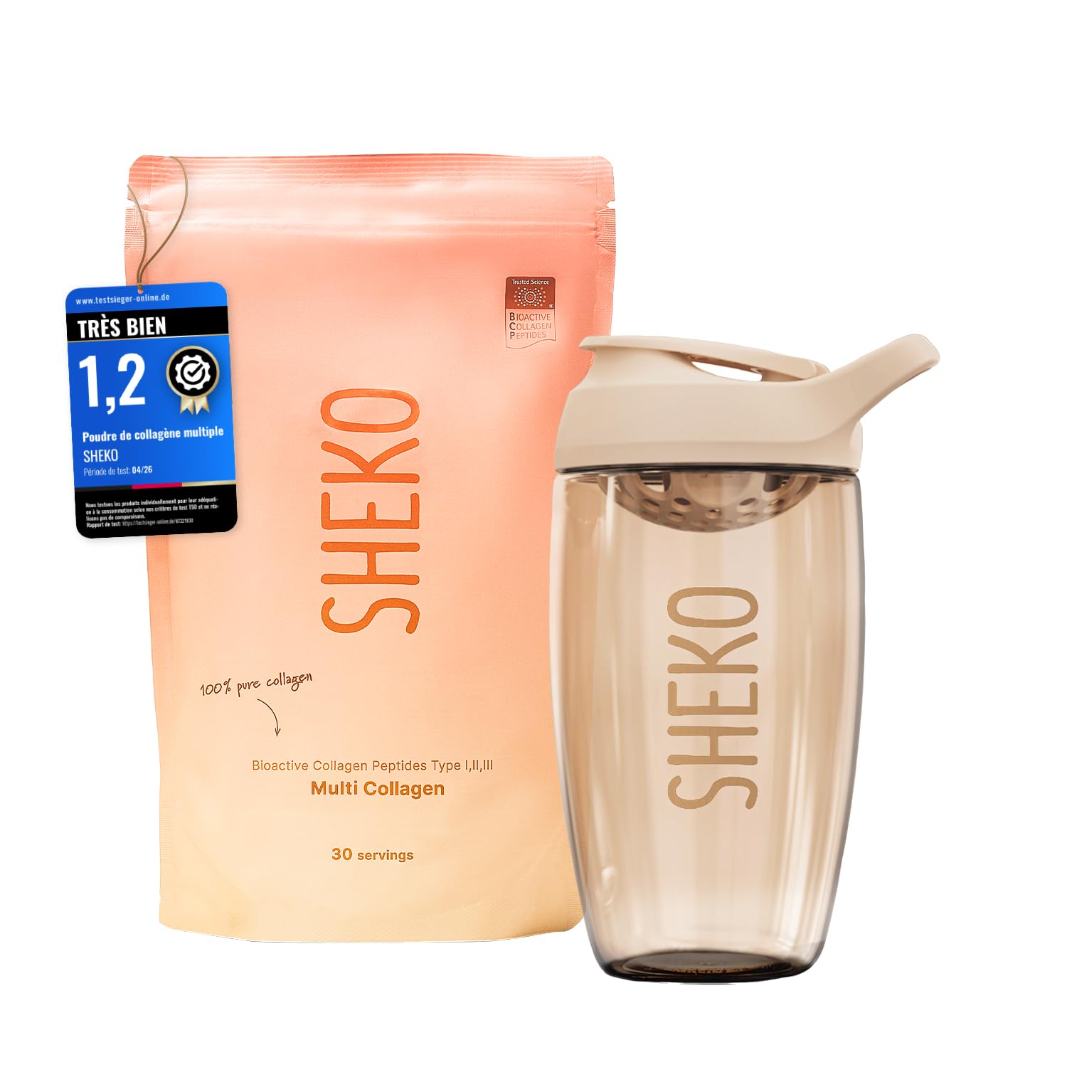 SHEKO Collagene Idrolizzato 450g + Shaker - Natural Bioactive Collagen Powder - Peptidi di tipo 1, 2, 3 - Collagene in polvere - Qualità purissima - Solubilità ottimale - Proteine in polvere