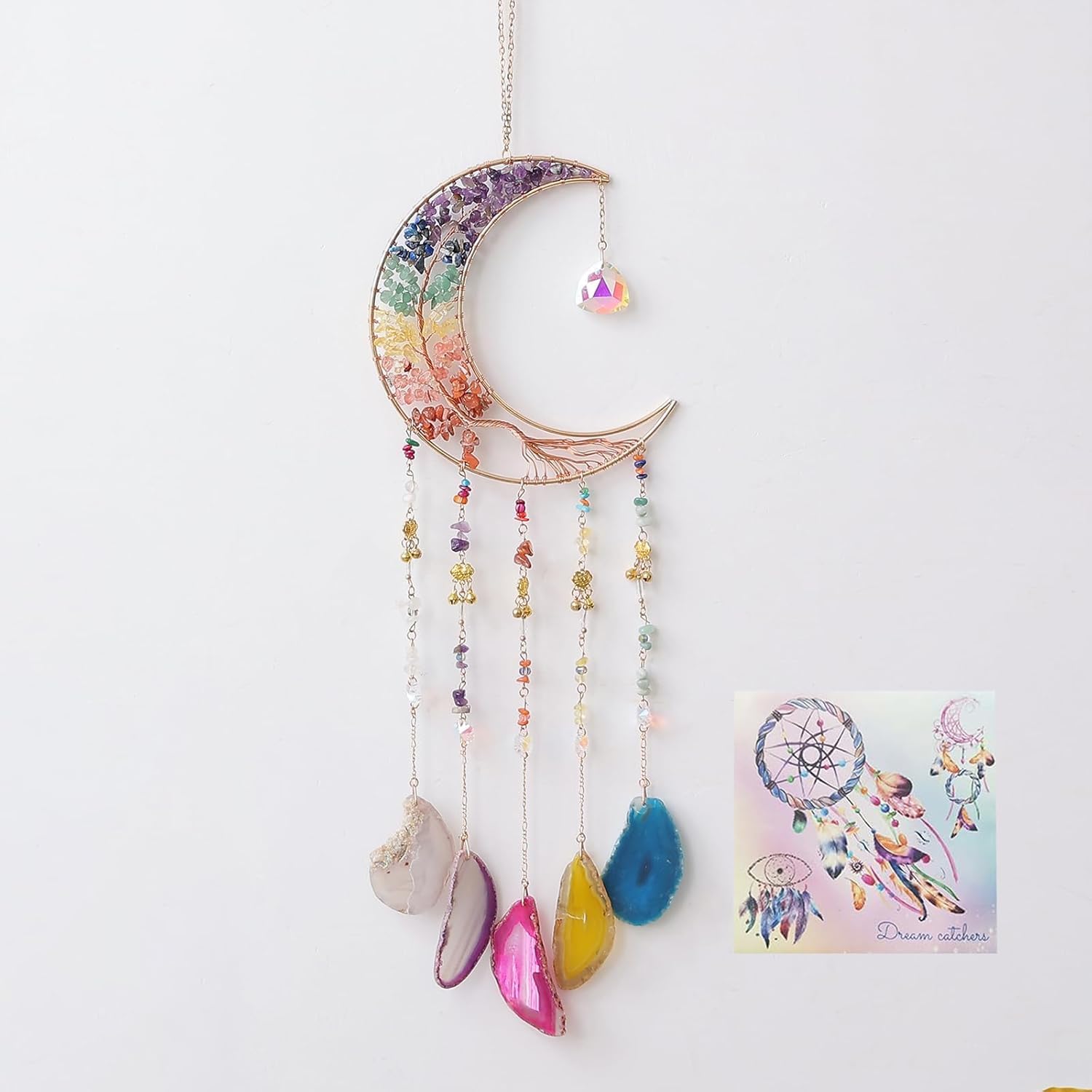 7 Chakra Wind Chimes Tree of Life Agate Moon Dream Catchers Hanging Ornament Natural Gem Agate Slice Crystal Wind Chime for Home Garden Decoration (Color)