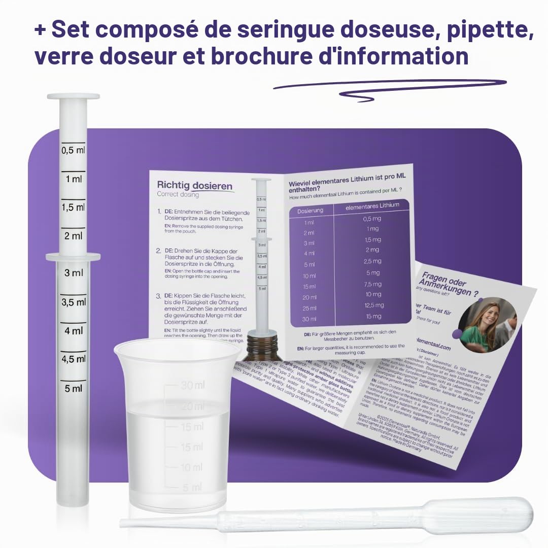 Lithium Orotat > 99 % pur 1000 ml | 1 ml contient 0,5 mg de lithium élémentaire = 500 PPM | avec gobelet doseur et pipette de 30 ml | testé et certifié en laboratoire