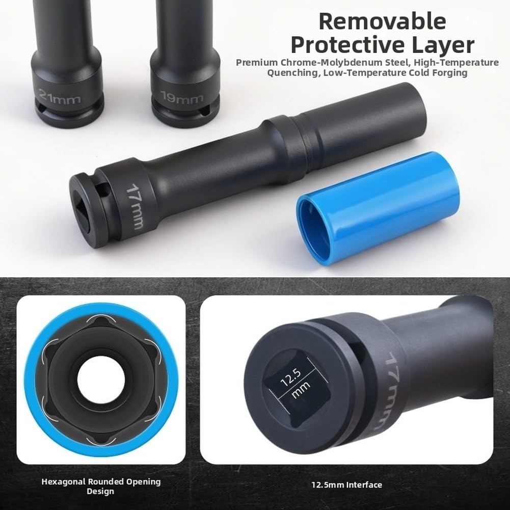 Set di chiavi a bussola estese per ruote da 17 mm, 19 mm, 21 mm – 150 mm di profondità, per bussole a impatto con protezione per cerchione per cambio pneumatici, per cr-v in acciaio 1/2 drive