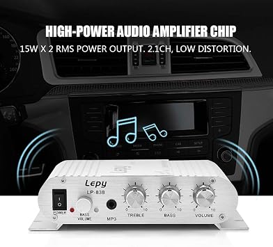 Stereo Audio Receiver Amplifier, Mini Digital 2.1 Stereo Bass Audio Power HiFi Amplifier, Digital Amp for Car, MP3, MP4, CD Players, Subwoofer Passive Speakers(Silver)