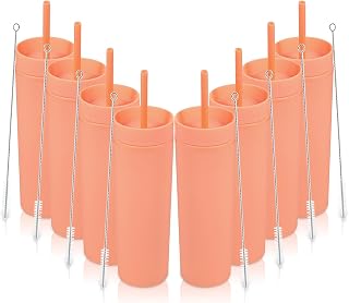 Volhoply 480ml Kunststoff Skinny Becher Mit Deckel und Strohhalm Bulk 8 Pack, Isoliert Doppelwand Bpa Frei Matt Acryl Becher, Eiskaffee Reisebecher Party Cup, Diy Geschenke(orange,8 Set)