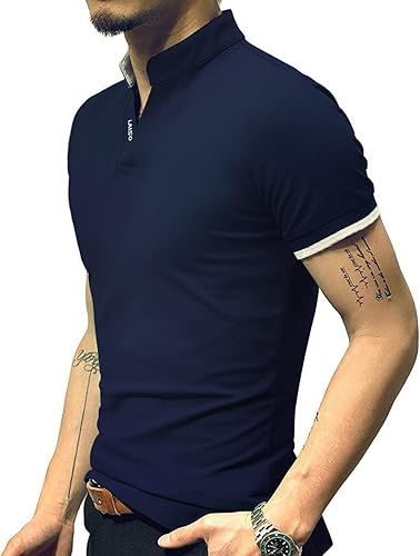 Miniatura 5 de LOGEEYAR Camisas polo Henley de moda para hombre, camisetas casuales de manga cortalarga, camisas de polo de algodón ajustadas para hombre