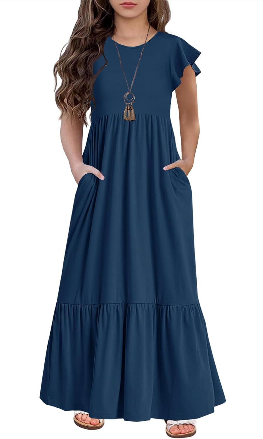 HOSIKA Girls Summer Ruffle Short Sleeve Crew Neck Loose Casual Flowy Tiered Maxi Dress with Pockets for 6-12 Y