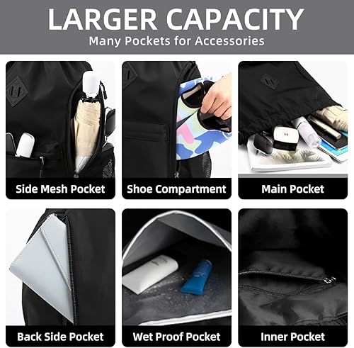 Miniatura 4 de Valleycomfy Mochila de gimnasio impermeable con cordón para hombres y mujeres, bolsa de gimnasio deportiva con bolsillo lateral, Gris, Classic