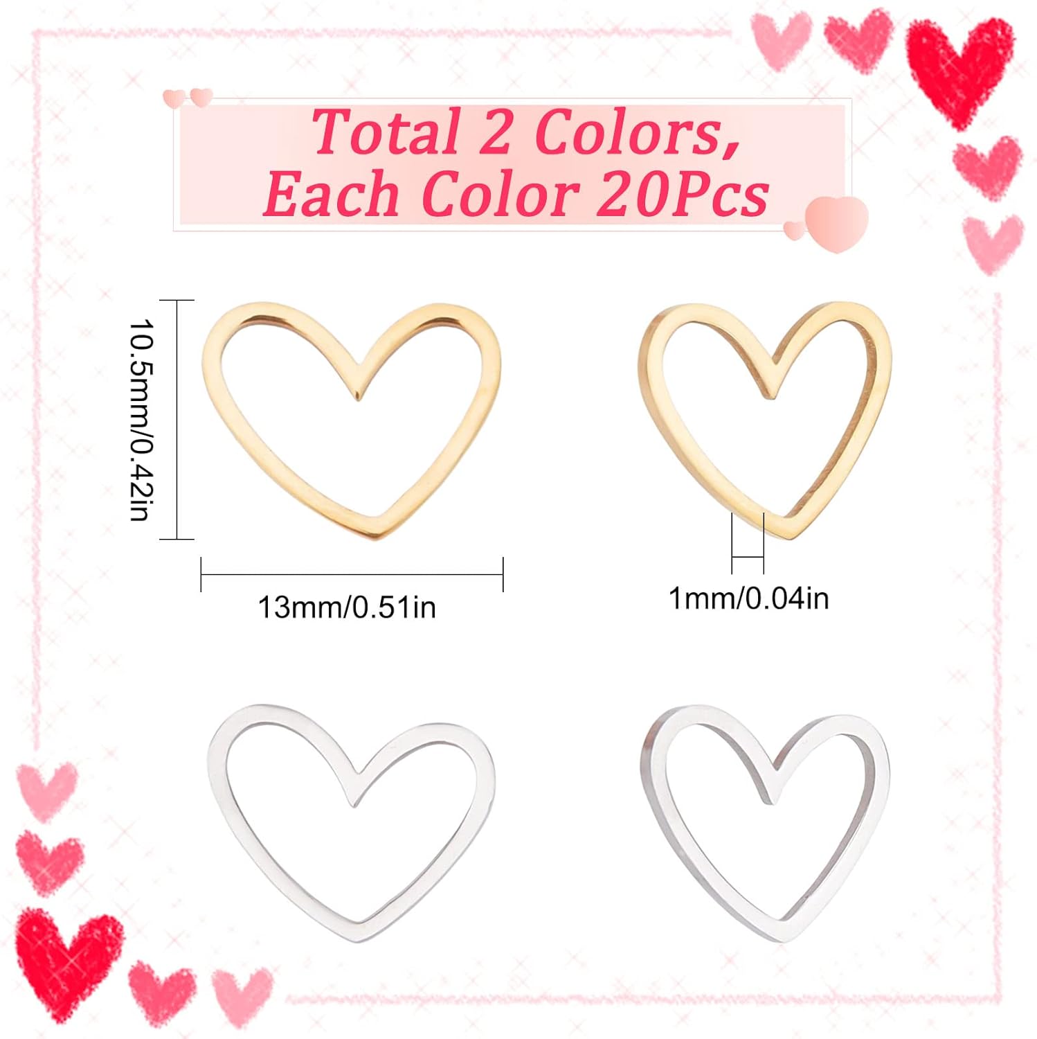 SUNNYCLUE 1 Box 40Pcs Open Bezels Heart Charms Linking Rings Valentine's Day Real 18K Gold Plated Stainless Steel Heart Charm Frame Love Links Connectors Valentine Pendants for Jewelry Making Earrings - Image 2