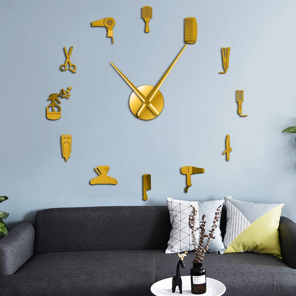 Vcs Gold Diy Barber Shop Giant Wall Clock With Mirror Effect Barber Toolkits Decorative Frameless Clock Watch Hairdresser Barber Wall Art(Golden,27Inch)