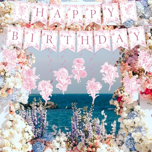 Image of JarThenaAMCS 11 Pcs Pink Flower Birthday Banner Chinoiserie Floral Happy Birthday Bunting Garland with Elegant Flower Hanging Swirl for Party Decoration