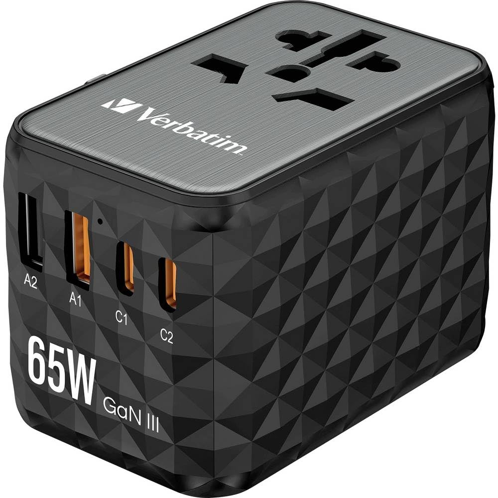 Verbatim GAN UTA-05 - Adaptador de Viaje Universal (65 W, 2 Puertos USB‑A y 2 Puertos USB-C Cargador rápido para Ordenador portátil, teléfono móvil, cámara y Otros Toma de Viaje