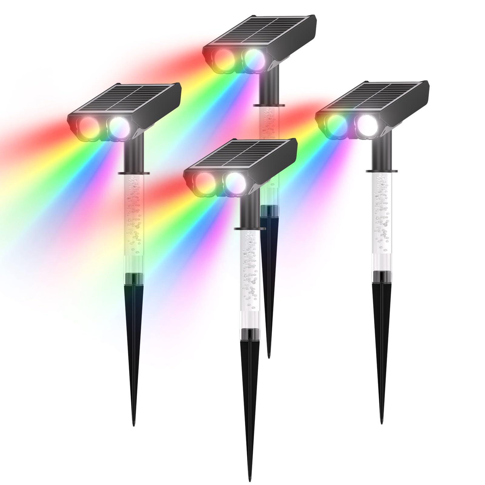 Foco solar RGB: 2 en 1 luces solares para exteriores con 8 modos de iluminación y columna guía de luz de PC para árbol, jardín, patio, camino, luces de paisaje que cambian de color RGB | IP65