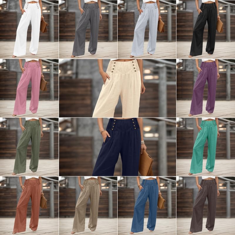Women's Cotton Linen Palazzo Pants Boho Summer Wide Leg High Waist Lounge Pants with Button Decorate3