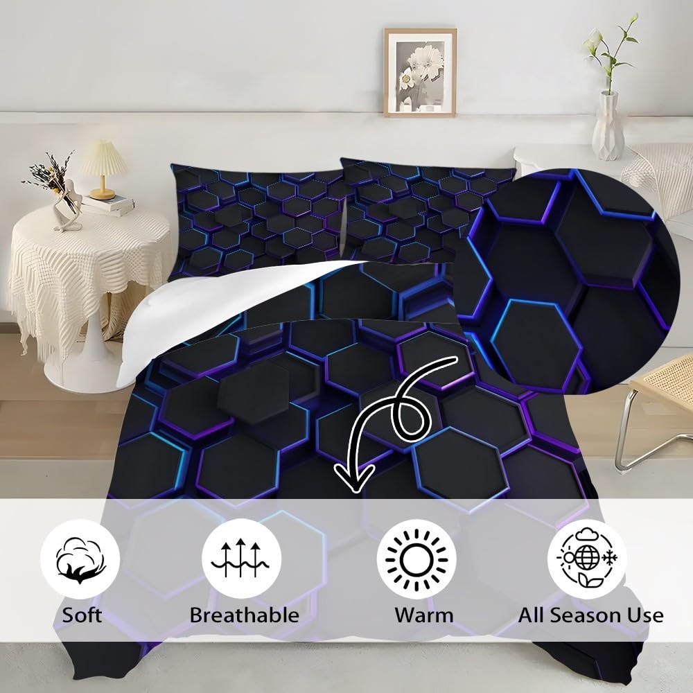 Miękka mikrofibra o strukturze plastra miodu geometryczne science fiction poszwy na kołdry 200 x 200 cm wygodna i oddychająca pościel 3-częściowy zestaw hipoalergiczny czarny poszewka na kołdrę na