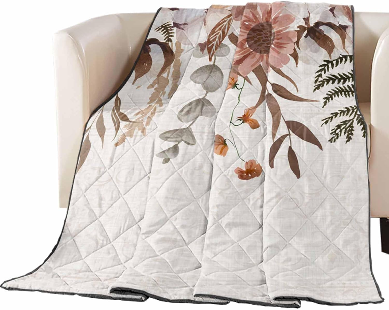 Quilt California King Luxury Quilted Comforter Bedspread-Thin Soft Cozy, Fall Thanksgiving Vintage Dried Flowers Cotton Eucalyptus Leaves Reversible Stitched Lightweight Quilt Coverlet for All Season