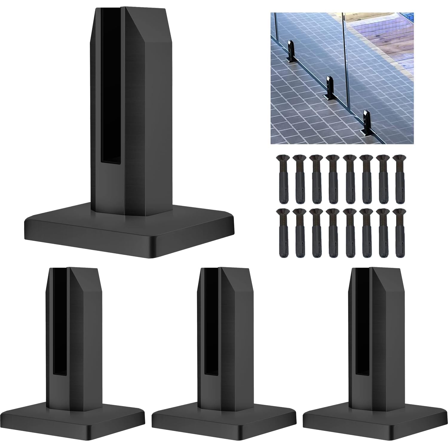 Noliven 4 Pcs Black Square Glass Railing Spigots, 304 Stainless Steel Glass Fence Clip, Glass Balustrade, Glass Clamp Kit for Balcony Deck Pool, Stairs Indoor and Outdoor, Matte Black
