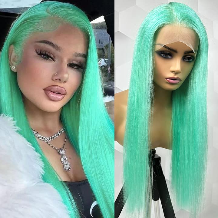 Miniatura 2 de FINMOO Peluca de cabello humano verde menta de 28 pulgadas, pelucas de encaje frontal transparente HD de 13 x 4 pulgadas, sin pegamento, pelucas de