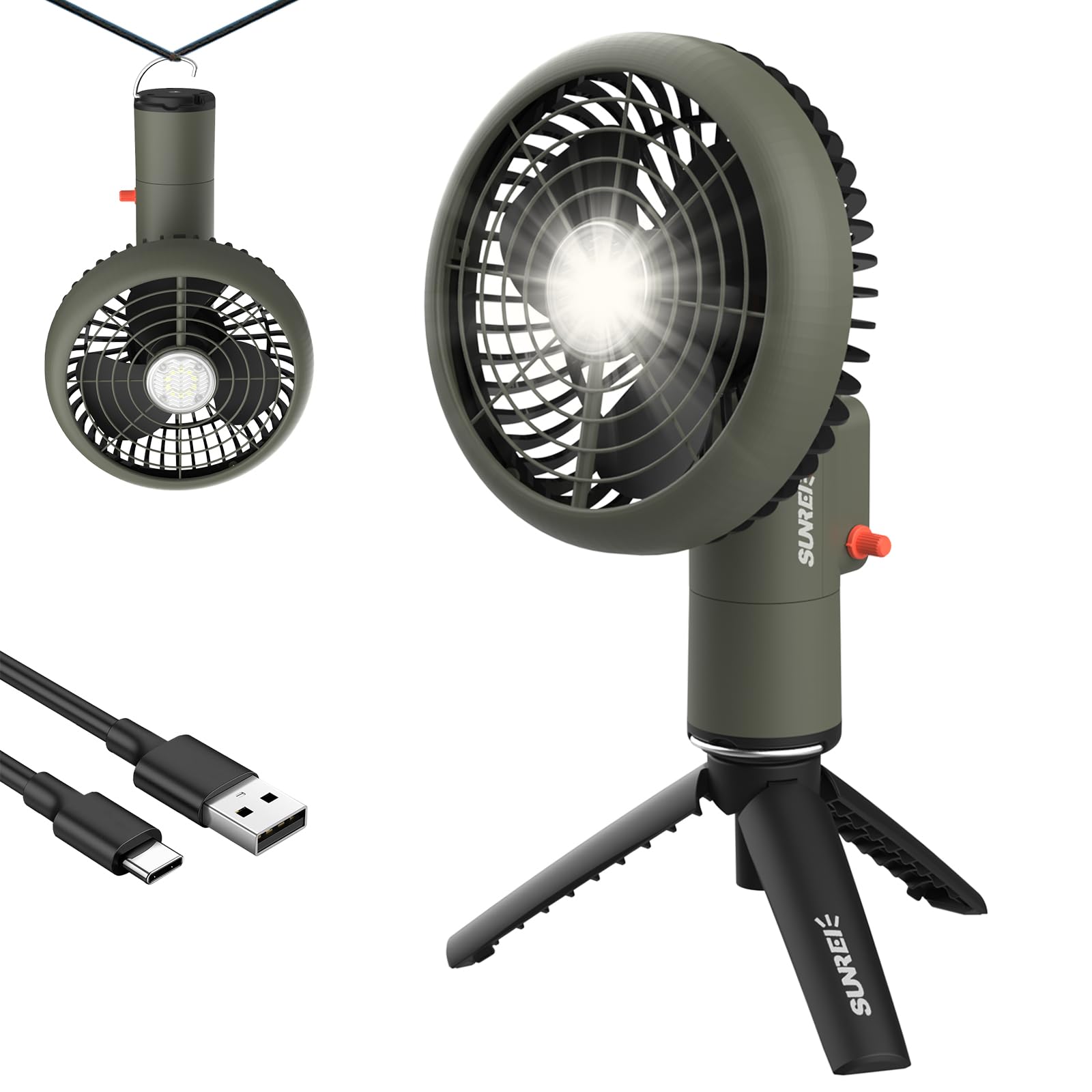 SUNREI Portable Camping Fan with LED Lantern, 20000mAh Rechargeable Battery Operated Fan, 110° Auto-Oscillating & 180° Tilt, Stepless Speed Control, Timer, Tripod & Hanging Hook for Tent, Desk, RV