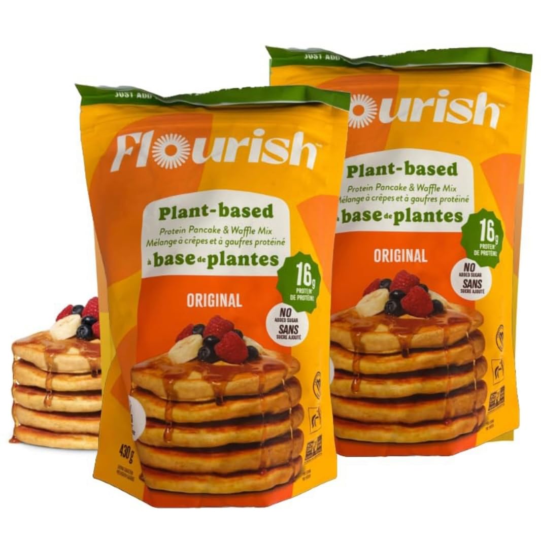 Flourish Plant-Based Protein Pancake & Waffle Mix, Gluten-Free, Dairy-Free, Nut-Free, Soy-Free, Vegan, Non-GMO, All-Natural Superfood, High Protein & Fiber, Just Add Water - Original, 430 g (2 Pack)