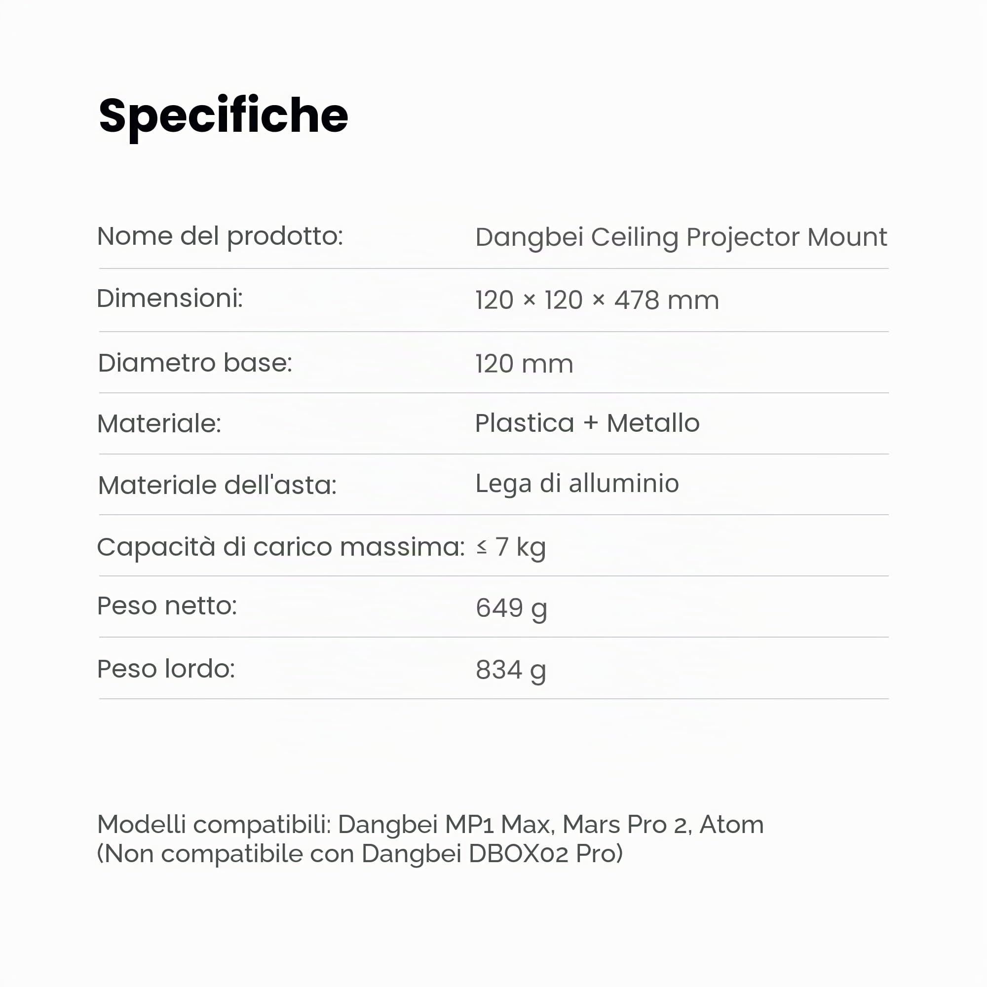 Dangbei Supporto da soffitto per proiettore, altezza regolabile 3,9-15,7", vite da 1/4", compatibile con DBOX02, DBX3 Pro (non compatibile con DBOX02 Pro)