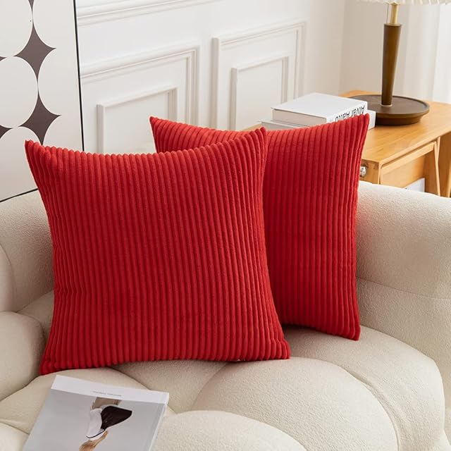 RENMEI Set of 2 Striped Corduroy Square Throw Pillow Case Soft Cushion Covers for Sofa Couch Bedroom Decorative Fluffy Pillowcases 18 x 18 Inch 45 x 45 CM Red