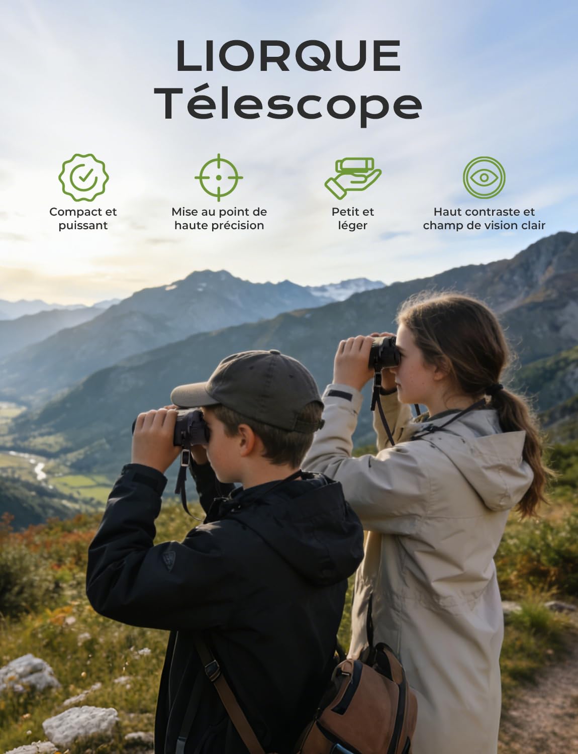 LIORQUE Jumelles 10x25 Enfants Adultes, Pliables, IPX6, Vision Nocturne | Oculaire 16mm Grand Angle, Prismes BAK-7 FMC, Caoutchouc, 0.65kg, Sangle Étui Chiffon, Oiseaux Rando Chasse