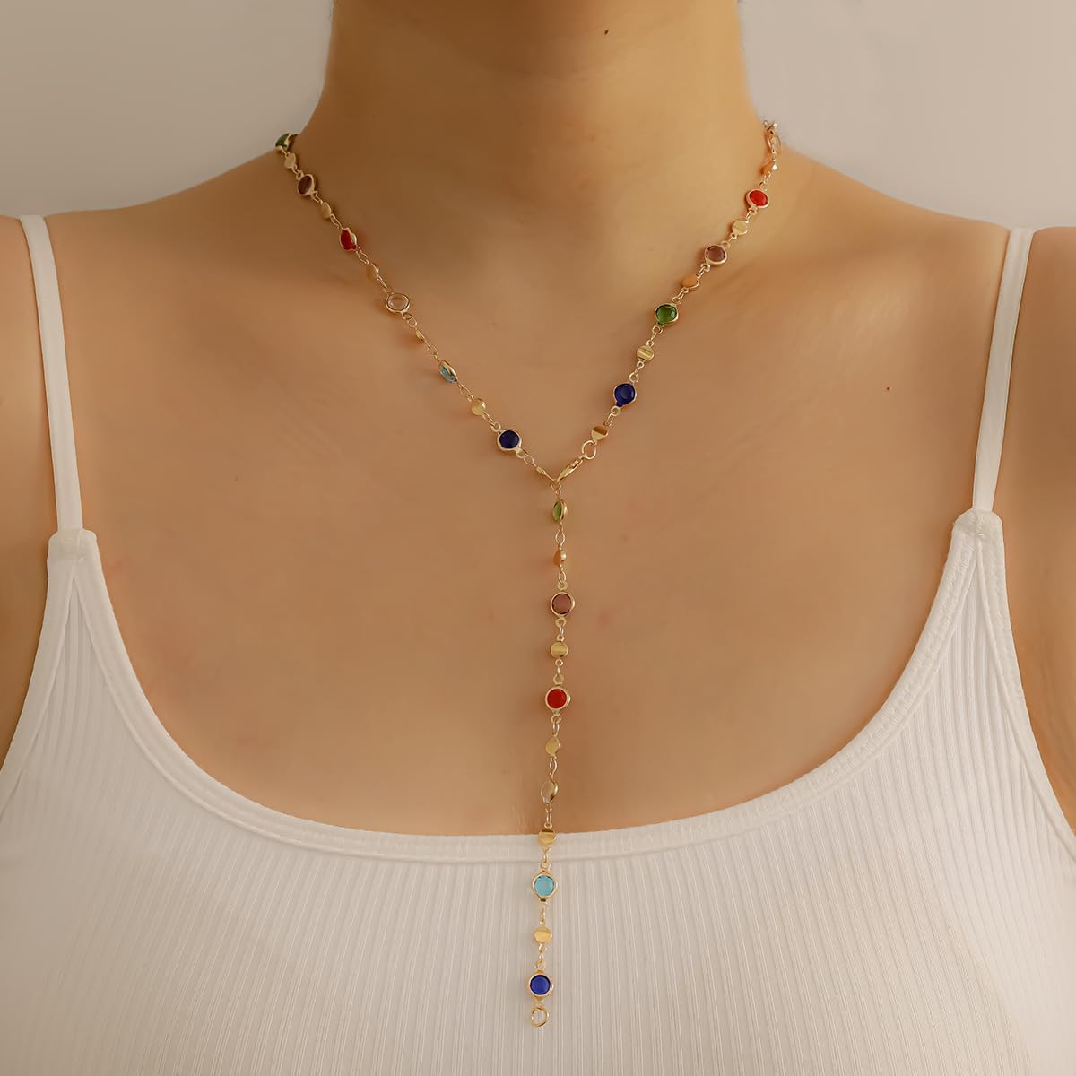 Colorful Rhinestone Y Chain Long Necklace for Women Crystal CZ Bead Tassels Adjustable Rainbow Necklace Multi Color Crystal Long Necklace Dainty Drop Y-Shaped Necklace Party Birthday Christmas Everyday Jewelry Gift - Image 3